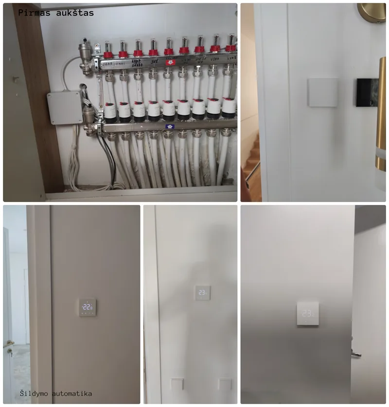 Grindinio šildymo kolektorius su Danfoss pavaromis ir išmanieji termostatai pirmame namo aukšte